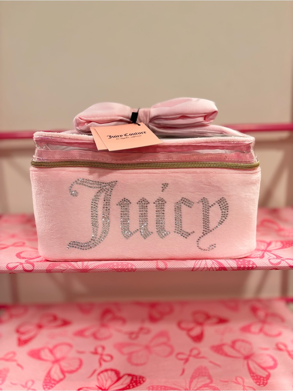 💖✨ Juicy Couture Pink Velour Bling Travel Makeup Bag